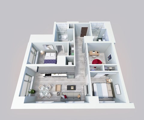 Floor plan for 2 beds, 2 baths, 877 sqft